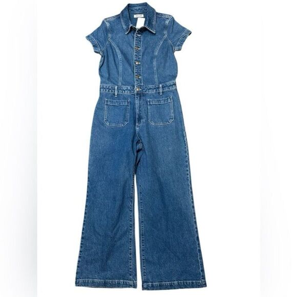Rollas Sailor Denim Jumpsuit Women’s XL 14 NWT Wide Leg One Piece Short Sleeve - Picture 2 of 9